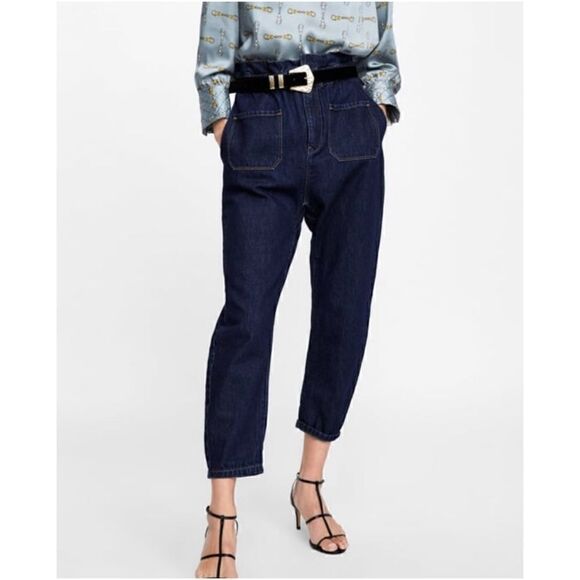 Zara 1975 Denim Pull-On Paperbag Waist Front Patch Pockets Balloon Tapered Jeans - Picture 2 of 16